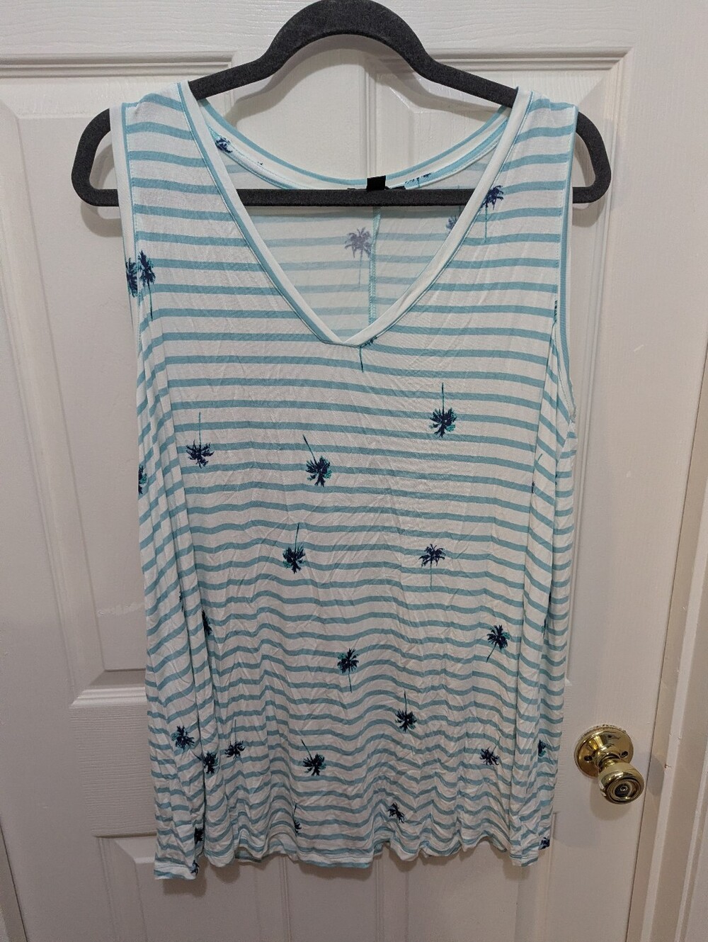 Lane Bryant White & Aqua Striped Tank with Navy Palm Accents